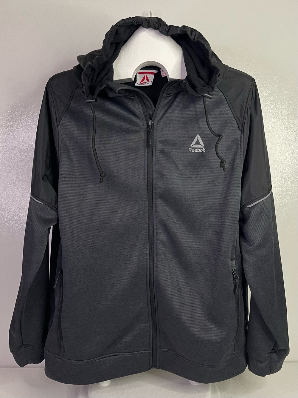 Reebok Mens XL Black Heathered Full Zip Hooded Fleece Jacket Reflective Athletic